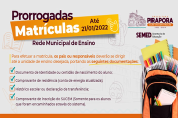 Prorrogado o prazo para matrículas na Rede Municipal de Ensino em Pirapora