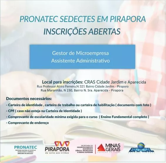 Pronatec com inscrições abertas em Pirapora