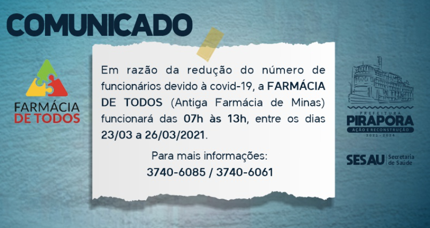 Farmácia de Todos tem atendimento reduzido esta semana