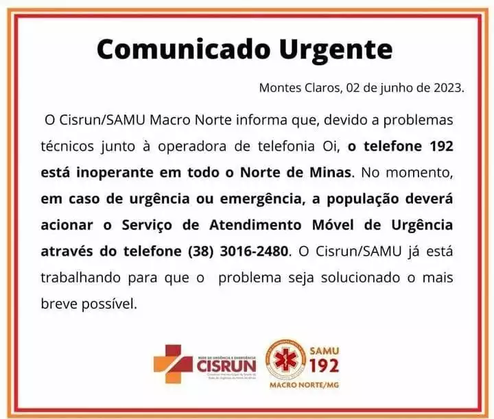 Comunicado da Saúde Cinsrun/SAMU