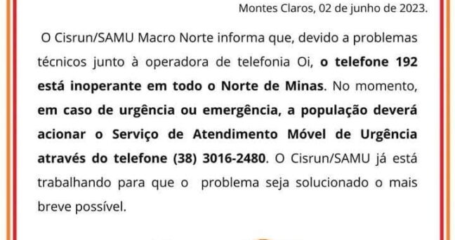 Comunicado da Saúde Cinsrun/SAMU