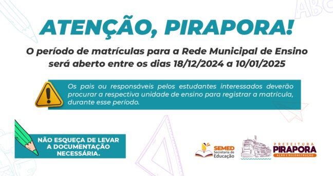 Período para matrículas na Rede Municipal de Ensino será aberto na próxima semana